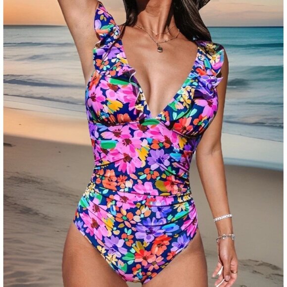 Cupshe Women’s One-Piece Swimsuit Small Multicolor Floral V-Neck Ruffle Tie Back - Picture 1 of 7